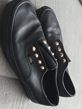 Vans Black Leather Slip-Ons with Gold Stud Accents